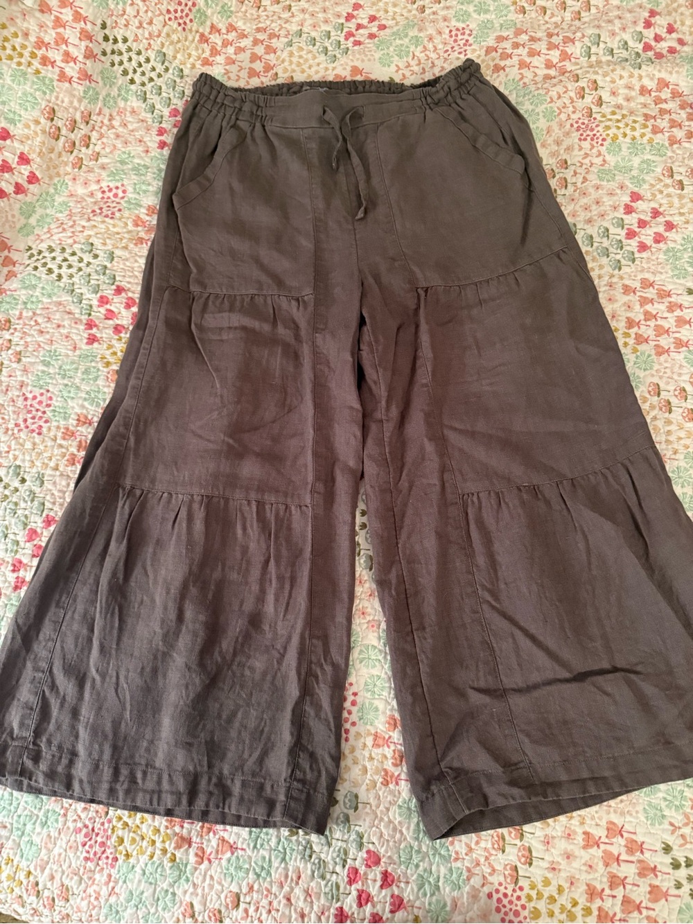 Yuvita Wide Leg Tiered Capri length Drawstring Linen Pants - Charcoal